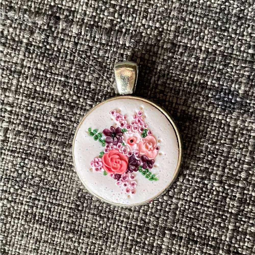 Handmade pink clay flower bouquet necklace with sparkle!